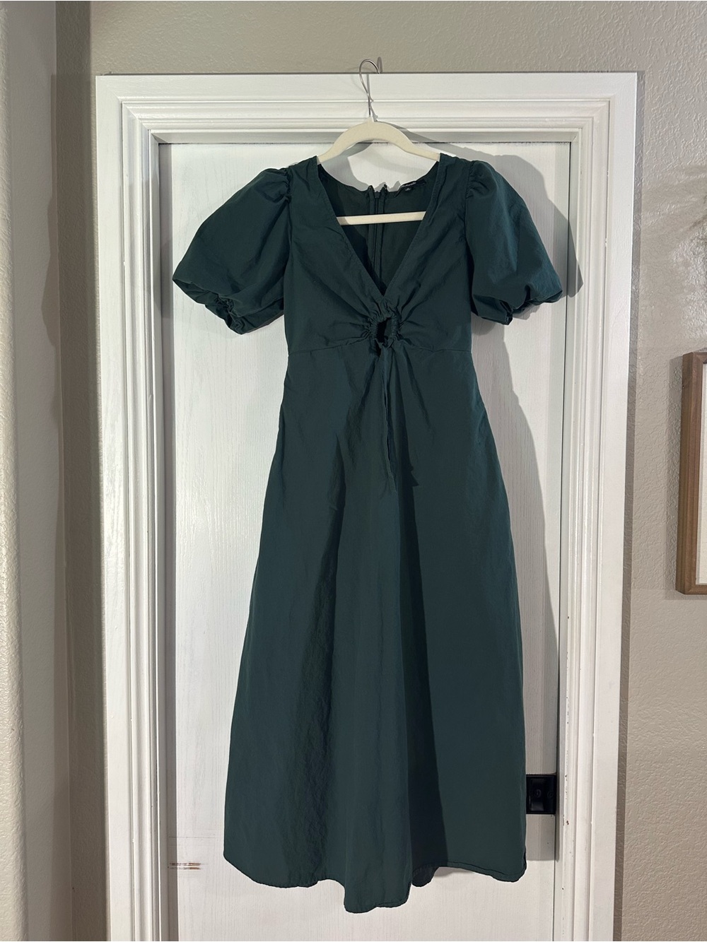 Madewell Dark Green Puff-Sleeve Midi Dress with Front Knot